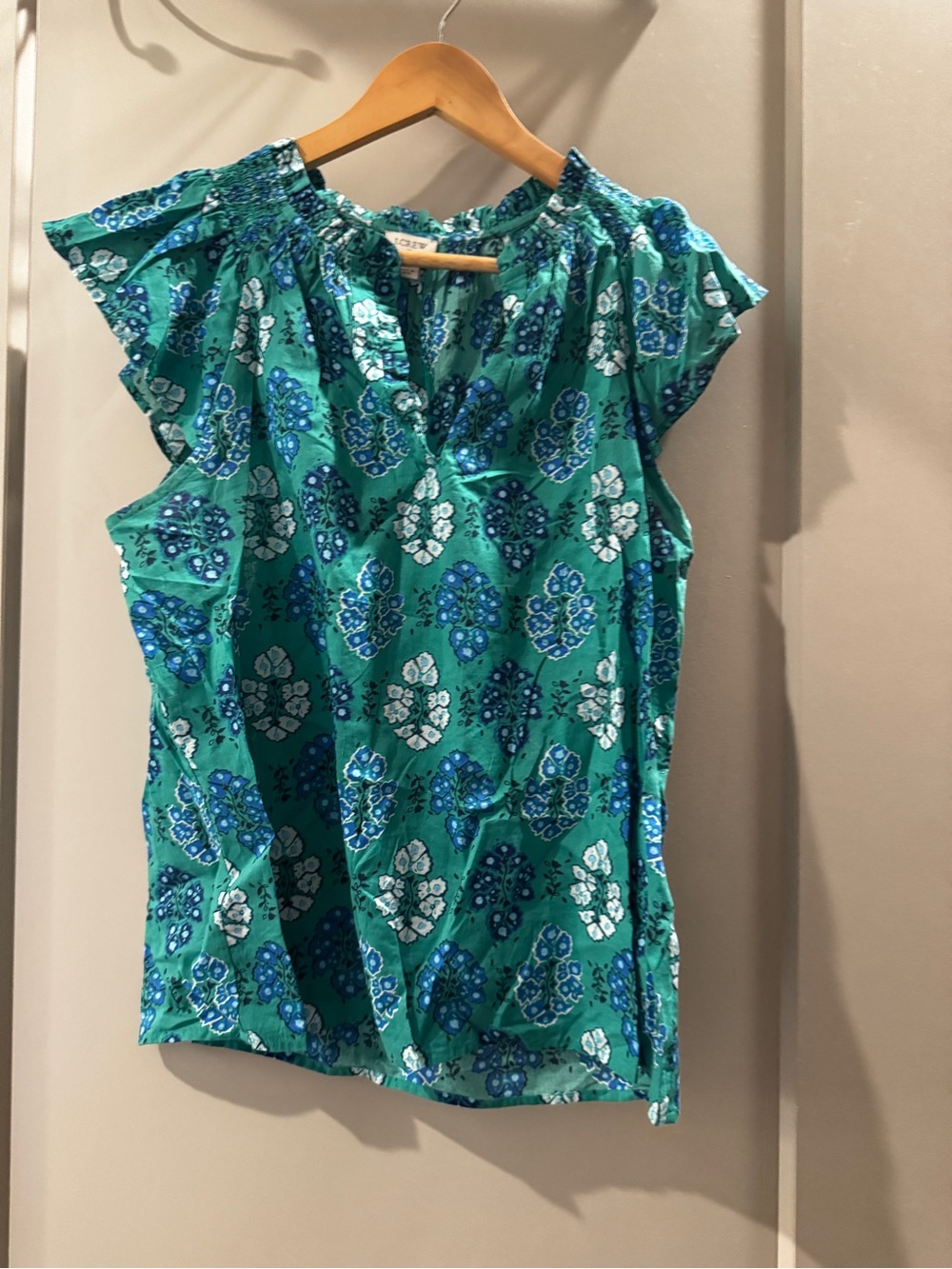 J. Crew Green Floral Cap-Sleeve Blouse